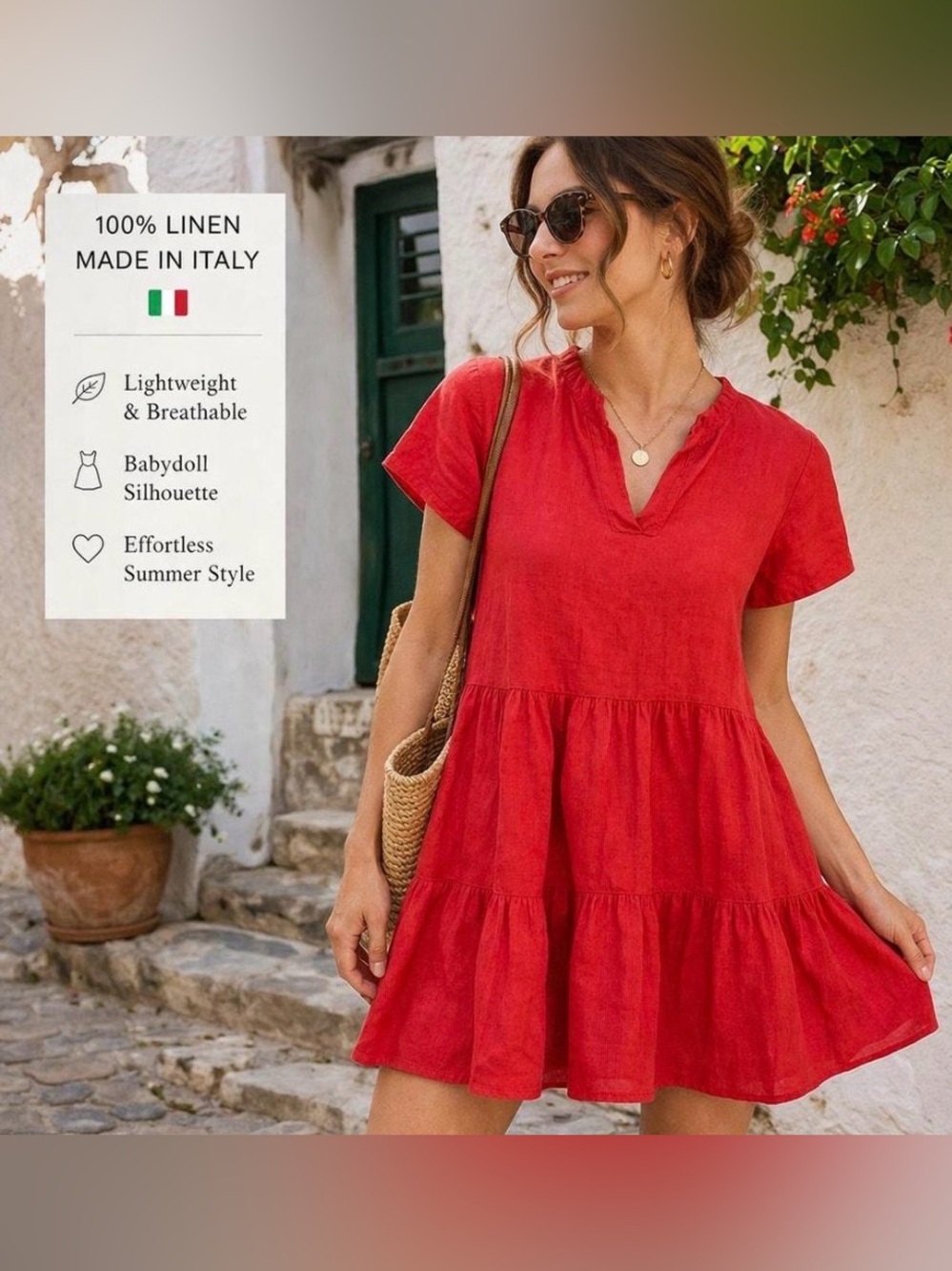 Francesca Bettini Tomato Red Linen Babydoll Mini Dress - Medium